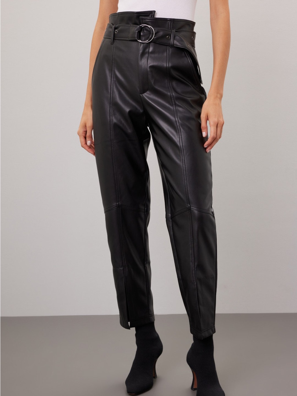 High-Waist Black Faux Leather Belted Pants